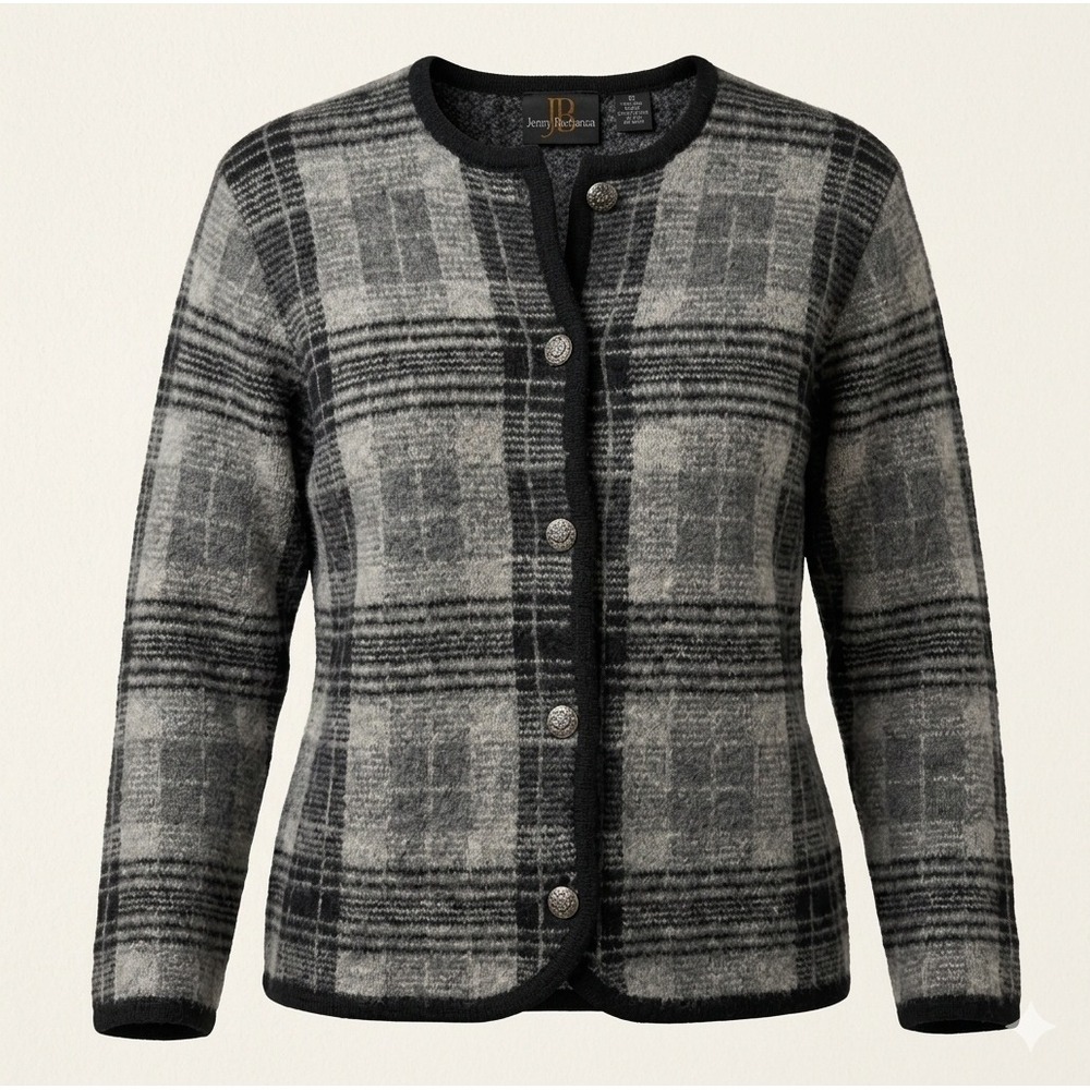 Y2K Jenny Buchanan Wool Plaid Knit Cardigan M Button Up Black Gray Preppy Layer